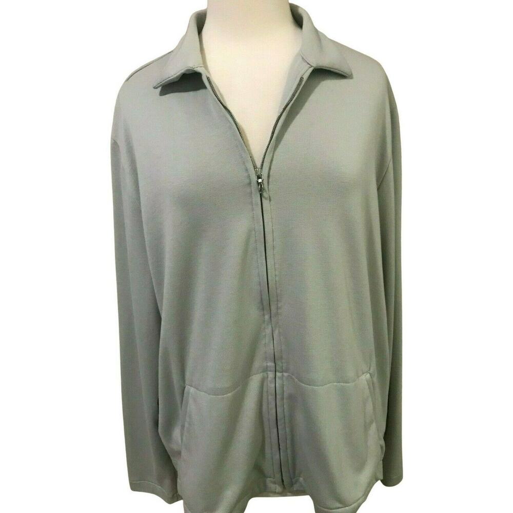Lands End Womens Size XL  Silver Grey Full Zip Knit Jacket Stretch Long Sleeve